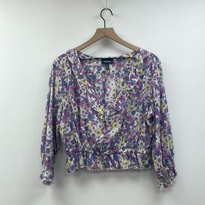 ModCloth Drama in Doll Valley Floral Surplice Peplum Blouse Boho Purple Large